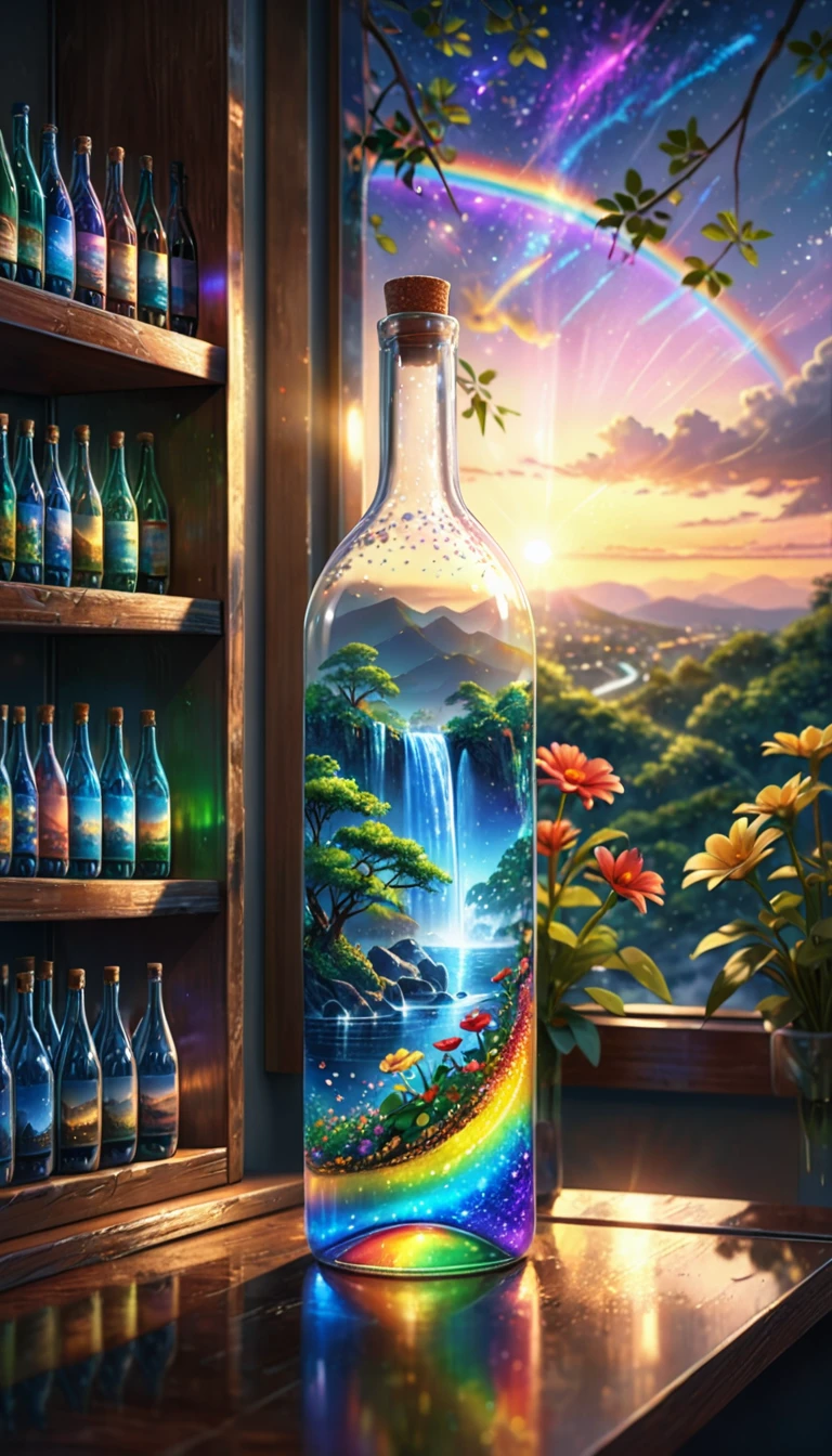 (masterpiece, Highest quality, Very detailed:1.2, Realistic, super photoRealistic, Realistic illustration, 8k), Professional Color Grading, Sharp focus, Professional Lighting, Depth of written boundary, ((landscape)), ((Science fiction movies)), ((Concept Art)) Bottle close-up, A rainbow-coloured world in a bottle、The colors of the flowers sparkle、afternoon, waterfall, Big tree, Starry Night, sunset, City in a glass bottle, filling glass bottle with the sparkling Starry Night and city, filling glass bottle with the sunset view, Many glass bottles on the shelf, The shelves are kept in the house, 16K, Ultra-high resolution, Ultra-high resolution, to be born,wonderful ,future、Iridescent、The world 30 years from now。