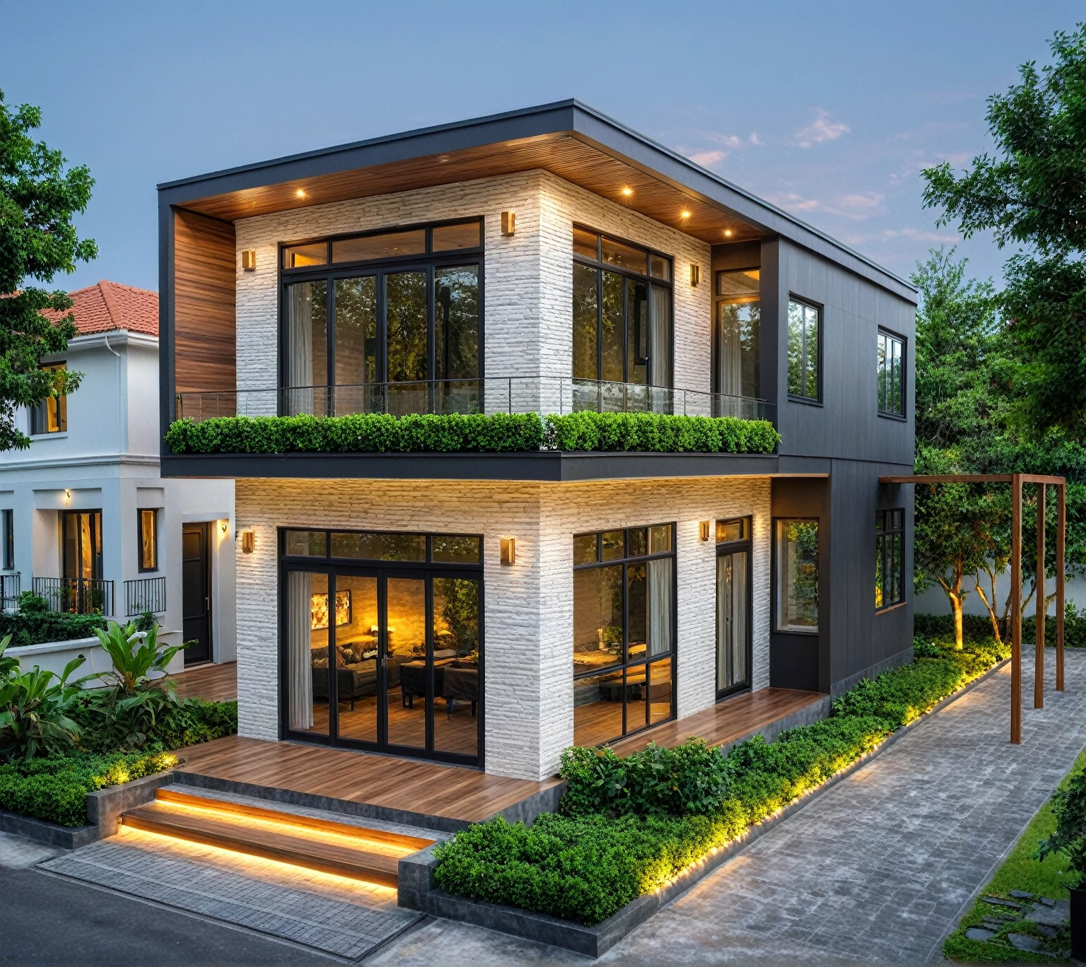 modern villa on street, (Nighttime ambiance, warm lighting, twinkling lights, Milky Way, starry sky:1.4), night sky, wooden ceiling, black wall, tropical tree, green shrub and plants streetcapes, minimalist desig, brigth grey tone, large glass door, warm interior lighting, modern material, best quality, ultra realistic, masterpiece,