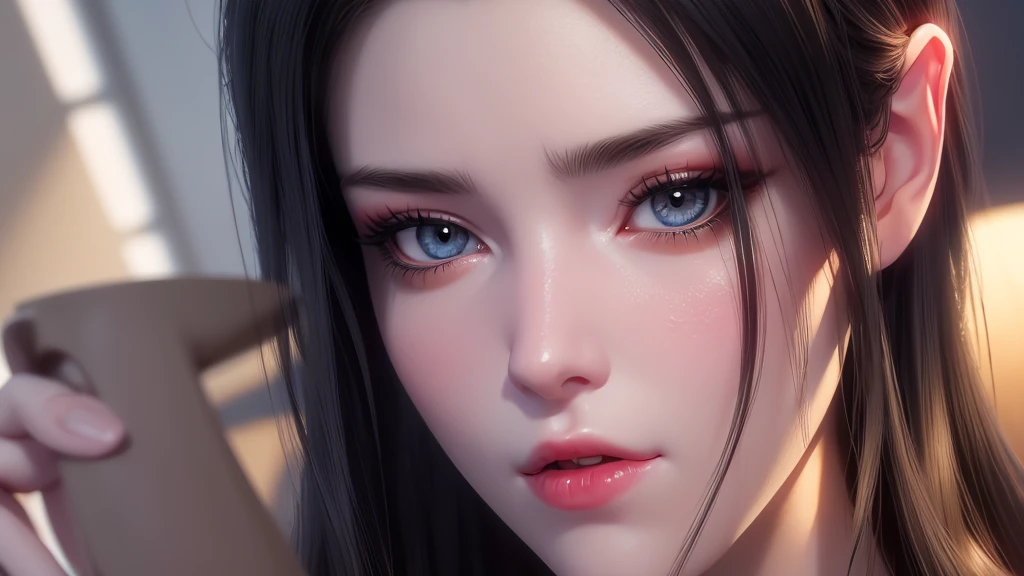 (lifelike, high - resolution:1.3), 1 girl with a perfect body, Super fine face and eyes,slong hair, big boob,Expose cleavage5, lightning, hyper-realistic graphics, most realistic graphics, 1 girl, alone, solo, Extremely sharp, surreal image, sharp eye makeup, meticulous makeup eyelashes, pretty red lips, pursed lips, full body shot, inside the room.