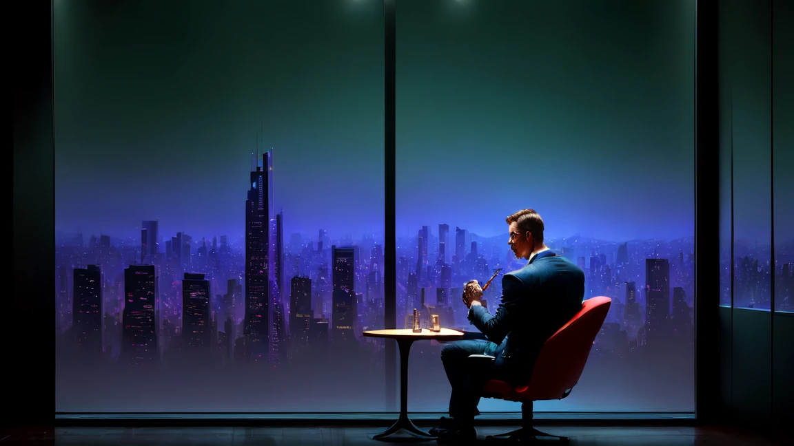 Skyscraper office in big city, Cyborg man sits in a luxurious chair、holding a cigar in hand。, high quality, Absurd, masterpiece, beautiful, Intricate details, 1/2. Body Crop, The body is slim, beautiful figure, Amazing anatomy, (Intricate details:1.12), High resolution, (Intricate details, Hyper Detail:1.15), (Natural skin texture, Ultra-realistic, Soft Light, sharp:1.2)