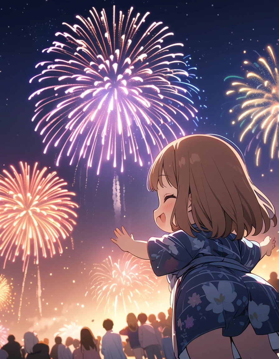 (masterpiece:1.2),(Highest quality),(Very detailed),(High resolution),8k,wallpaper,(1 female:1.5),Anime illustration,Chibi Character,cute,Girl in yukata,Look up at the sky and watch the fireworks,Back view,break((Fireworks fill the night sky,beautiful Fireworks,Colorful fireworks)),(Beautiful night sky),(Happy expression:1.5),((From below)),(dynamic:1.4),Raise your arms,(Fine hand)