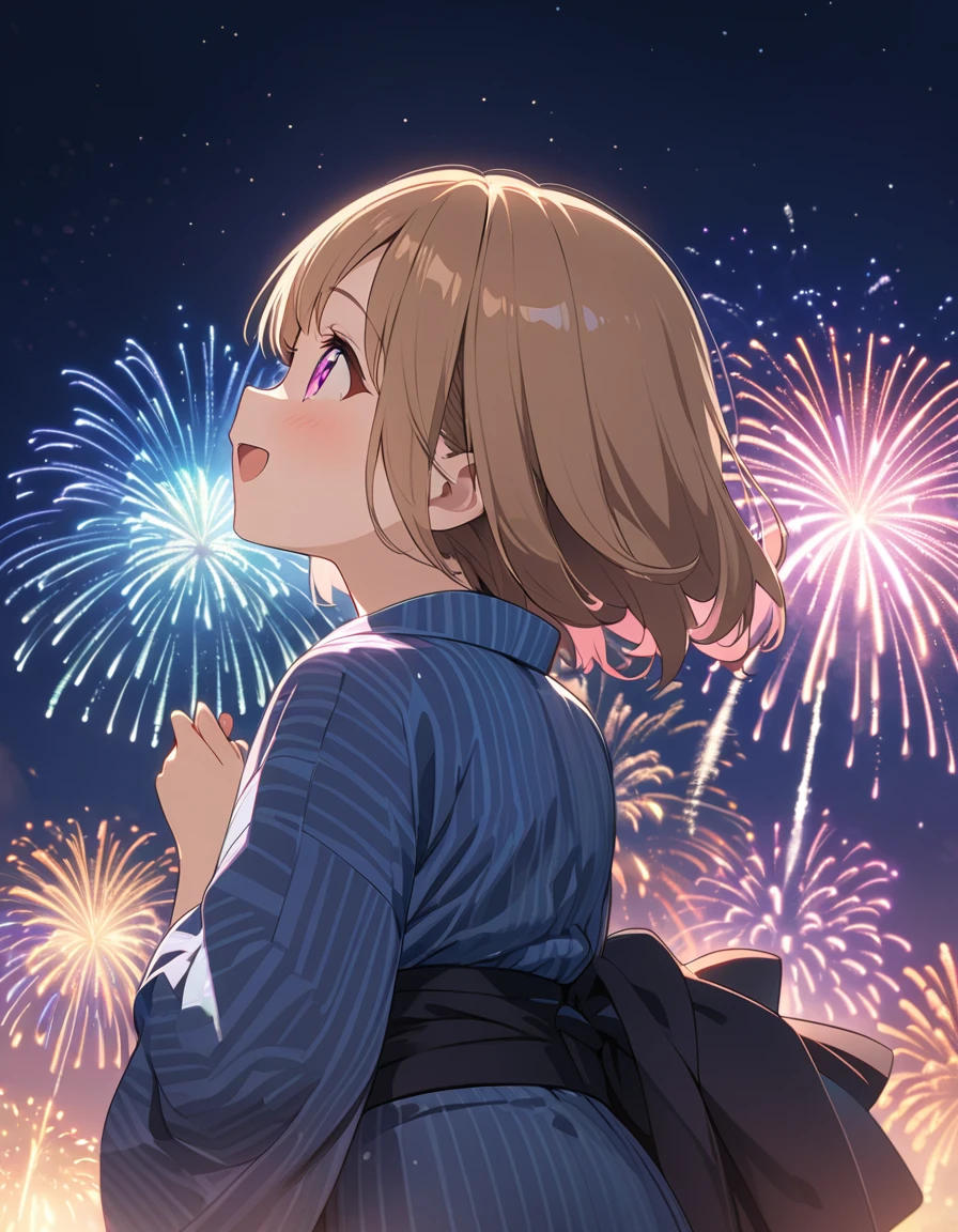 (masterpiece:1.2),(Highest quality),(Very detailed),(High resolution),8k,wallpaper,(1 female:1.5),Anime illustration,Chibi Character,cute,Girl in yukata,Look up at the sky and watch the fireworks,Back view,break((Fireworks fill the night sky,beautiful Fireworks,Colorful fireworks)),(Beautiful night sky),(Happy expression:1.5),((From below)),(dynamic:1.4),Raise your arms,(Fine hand)