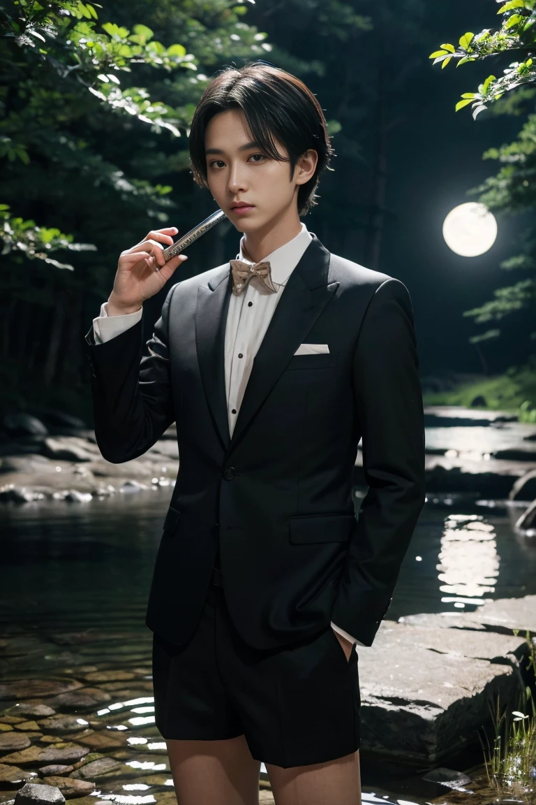 (best quality, masterpiece, highres:1.2), beautiful:1.5, black suit, black short hair:1.5, under the moonlight in a deep forest, no one around, looking at the viewer,symmetrical eyes, at night, holding a sword in his hand