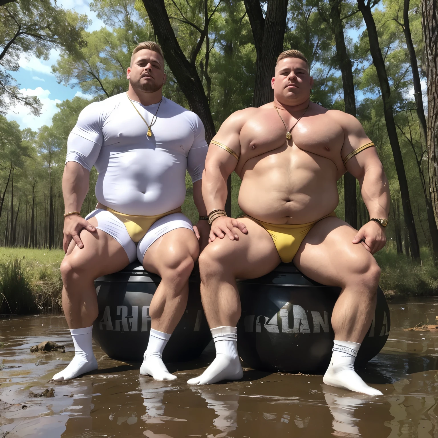 full view full body, 2 different blond European male bodybuilders with undercut cut, extremely bloated and swollen with muscle and fat like two big and fat obese pigs force-fed, their over-inflated muscles resembling buoys, there are a lot of gold rings, bracelets and necklaces, wear white lycra suits and white socks, no shoes, they hardly roll and crawl in the mud, cannot getting up, crying looking exhausted, in the evening, in a swamp, you can see their socks
