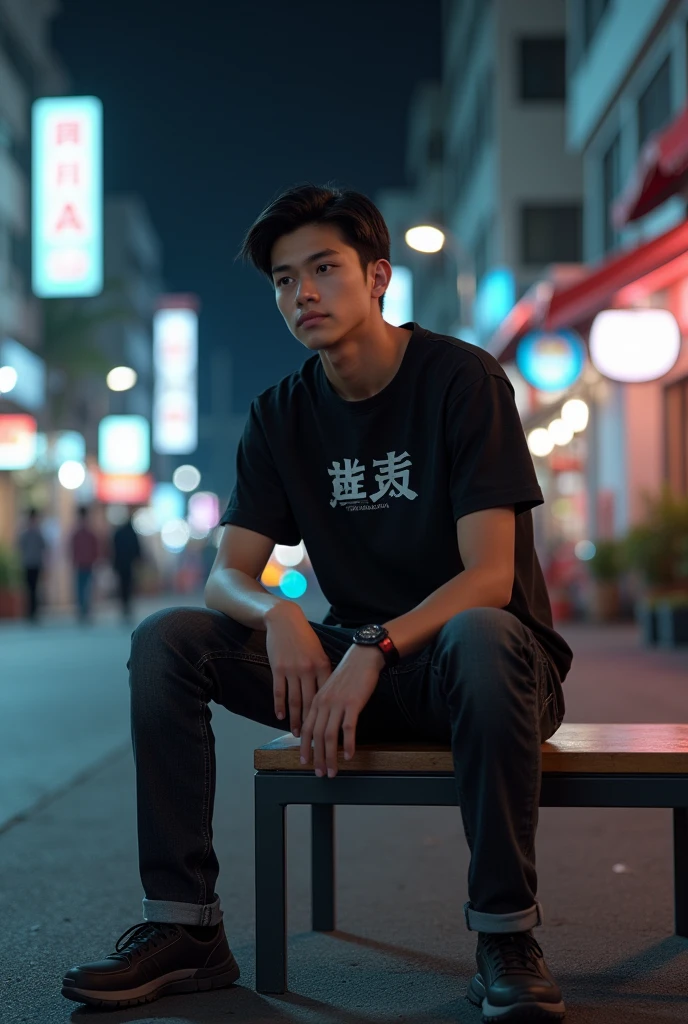 photorealism of a Indonesian man sitting on a long chair aesthetic ,on the side of the road in a city full of night lights ,short body (short) and thin wearing a plain black t-shirt with aesthetic Japanese writing and black jeans with casual shoes ,hairstyle (short slicked back )