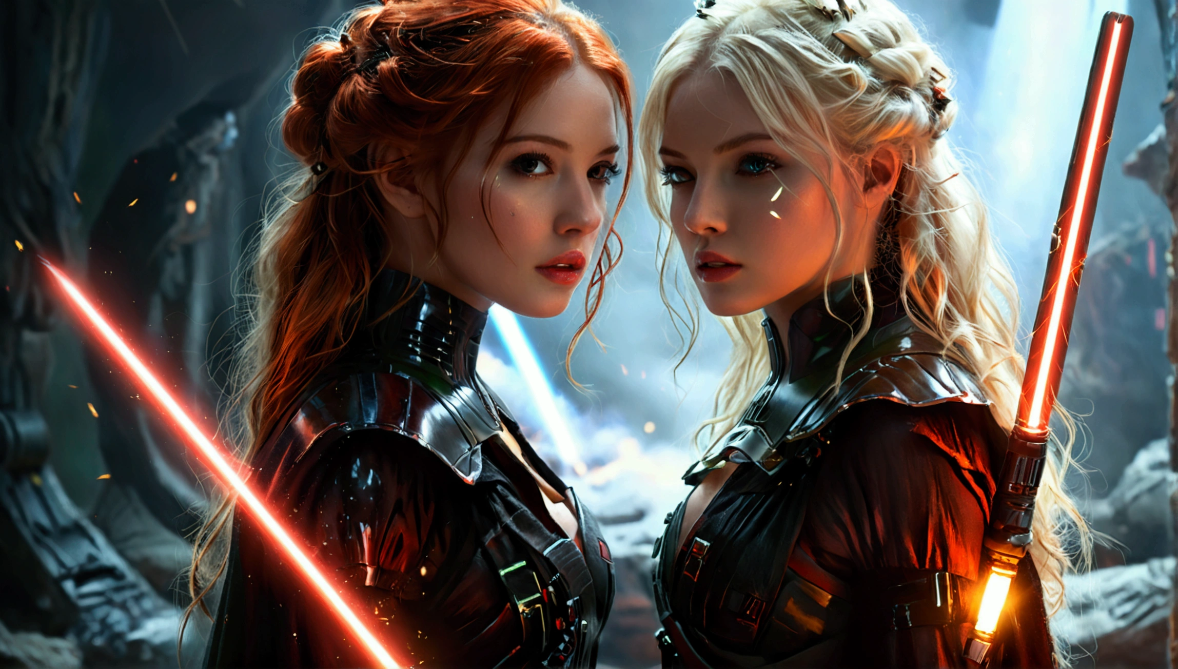 (full body shot:1) photorealistic image of two (standing pose:1) women, ultrarealistic, photography, one with long red hair, woman, 24 years old, hourglass figure, perfect body, seductive look, natural medium breasts, blur background, in complete darkness, she is wearing a sith robe, she is holding a red lightsaber, the lightsaber is the only lightsource, on a dark destroyed spacestation, explosion in the background, long sexy legs, the other girl has platinum blonde long hair, 30 years old, curvy figure, she is wearing a jedi robe, green lightsaber, side view, crossing lightsabersin a battle, sparks are flying, dynamic shot, action shot