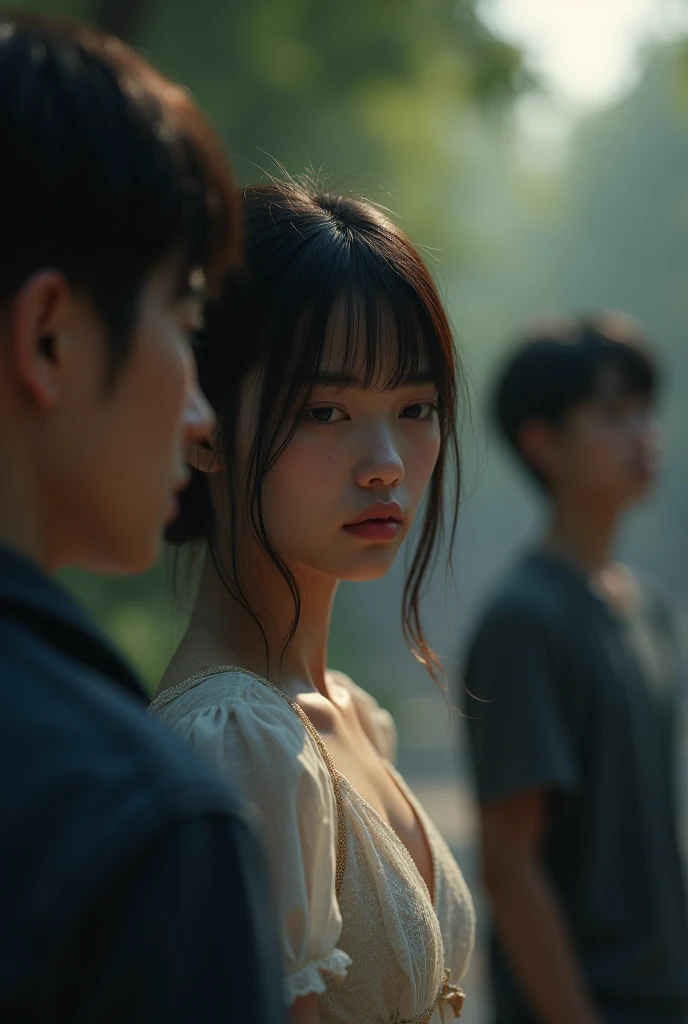 (photorealism:1.2), a sad beautiful girl who waiting for her boyfriend and another boy looks her from far