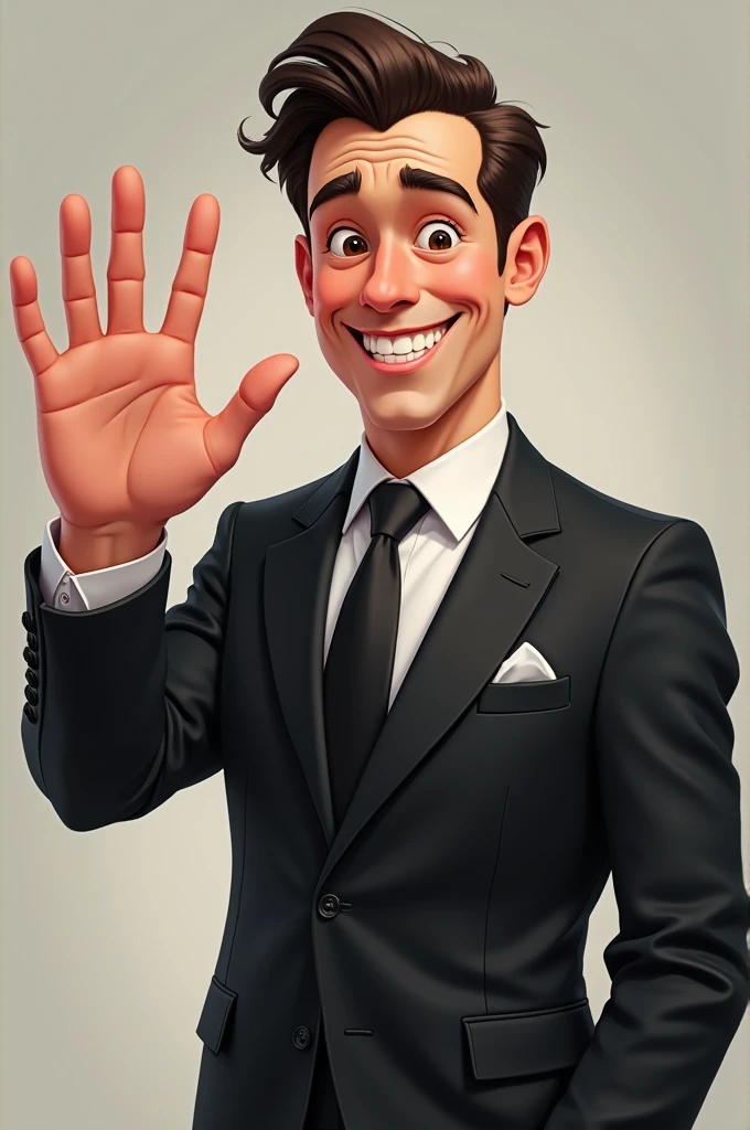 A gentel man with black suit and hd hand like that he say hyy