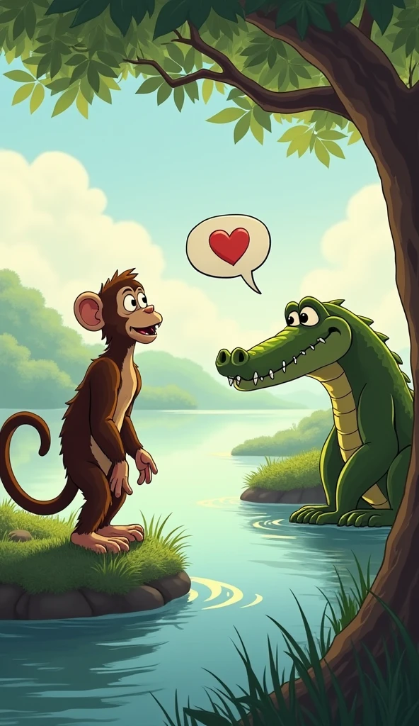 The monkey calmly tells the crocodile he needs to retrieve his heart from a tree branch. Show the monkey speaking confidently, with the crocodile appearing curious and slightly confused. The river and the distant tree should be visible.