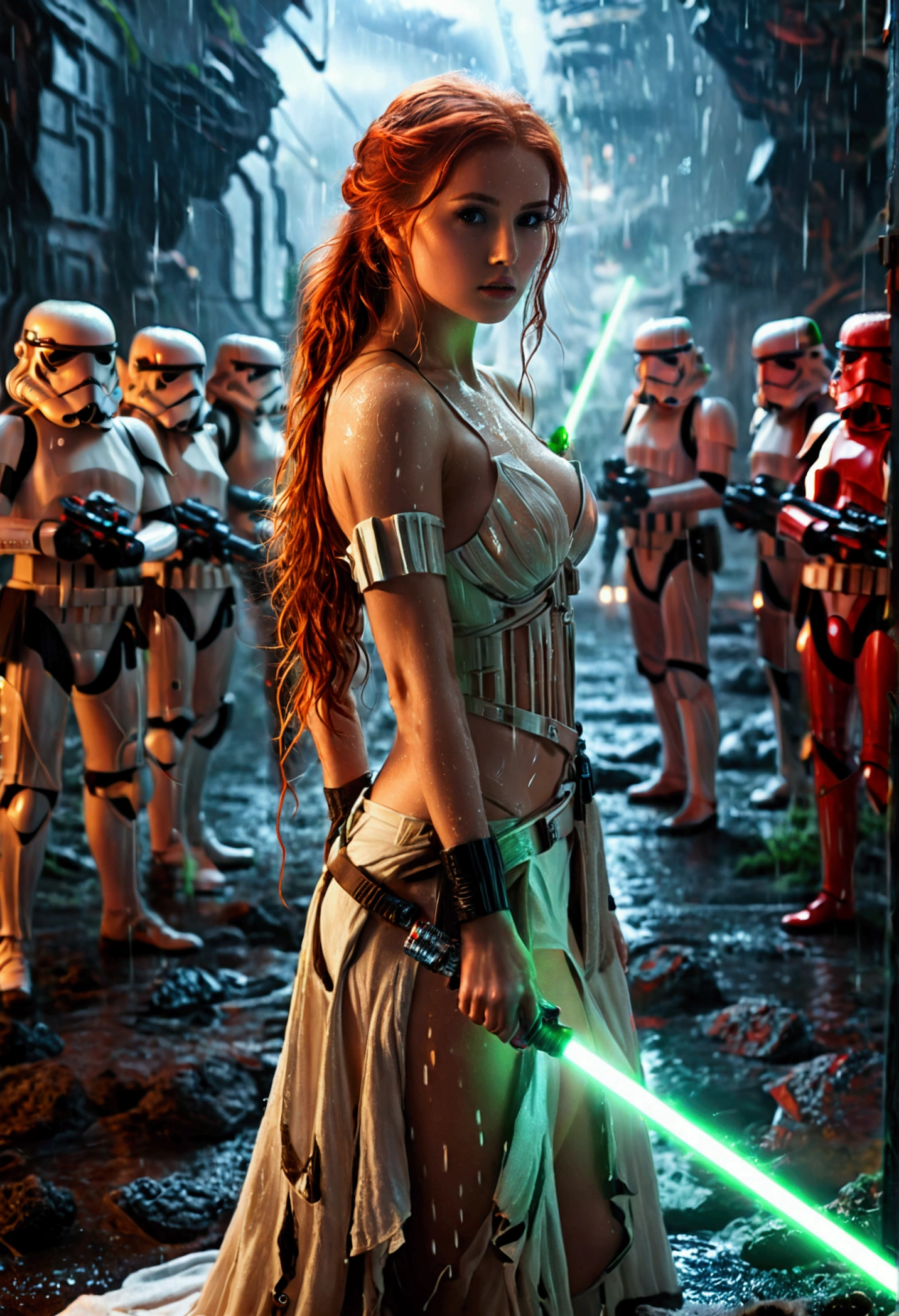 (full body shot:1) photorealistic image of a (standing pose:1) woman, ultrarealistic, photography, long red hair, woman, 24 years old, hourglass figure, perfect body, seductive look, natural medium breasts, blur background, in complete darkness, she is wearing a light jedi robe, she is holding a green lightsaber, the lightsaber is the only lightsource, on a dark destroyed space colony outside, it is raining, there is lightning in the background, she is facing an army of stormtroopers, she looks into the camera, long sexy legs, wet hair