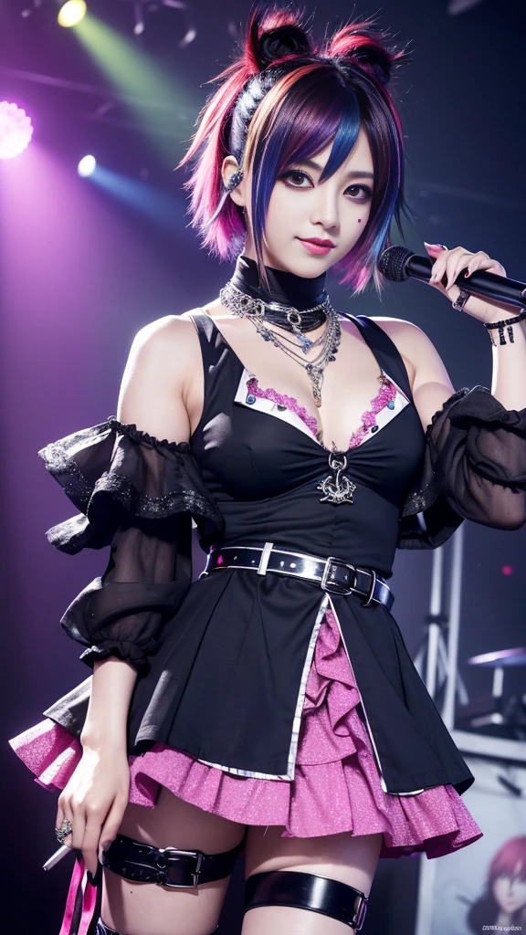(masterpiece:1.4), (best quality:1.4), ultra high res, ultra high resolution, ((ultra detailed facial features)), HDR, (realistic, photorealistic, photo-realistic:1.37), 1 girl, full body Esbian, sexy Japanese male, (-anime), vivid colors, ((vivid colors multicolor (Visual Kei style very short hair))), (big smile), ultra detailed heavy eye-makeup, bold lip-color, long lashes, defined eyebrows, wearing large dramatic Visual Kei jewelery, wearing a Visual Kei cosplay, ((vivid Visual Kei outfit)), layered clothing, look at the camera, cinematic light, rockstar festival stage background with multicolor lights, sweet and sexy pose