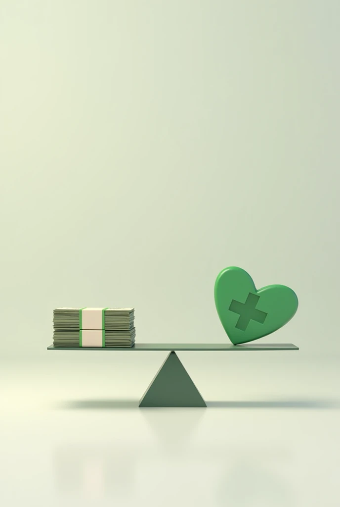 {
  "prompt": "Create an image that visually represents the concept 'Health does not equal money'. The image should feature a balanced scale, with a symbol of health on one side (such as a heart, green leaf, or cross) and a stack of money on the other side. The scale should be tipping slightly towards the health symbol, indicating its higher value. The background should be simple, perhaps a soft gradient or a neutral color, so as not to distract from the main message. The style should be modern and clean, with a focus on clarity and the powerful contrast between health and money.",
  "style": "modern, clean, minimalistic",
  "size": "1024x1024",
  "color_scheme": "soft gradients, neutral tones",
  "elements": ["balanced scale", "health symbol", "money", "contrast"],
  "mood": "thought-provoking, impactful"
}