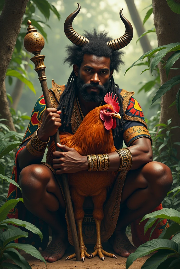 Black man wearing beaded necklace, wearing no shirt, at a forest, holding a rooster
