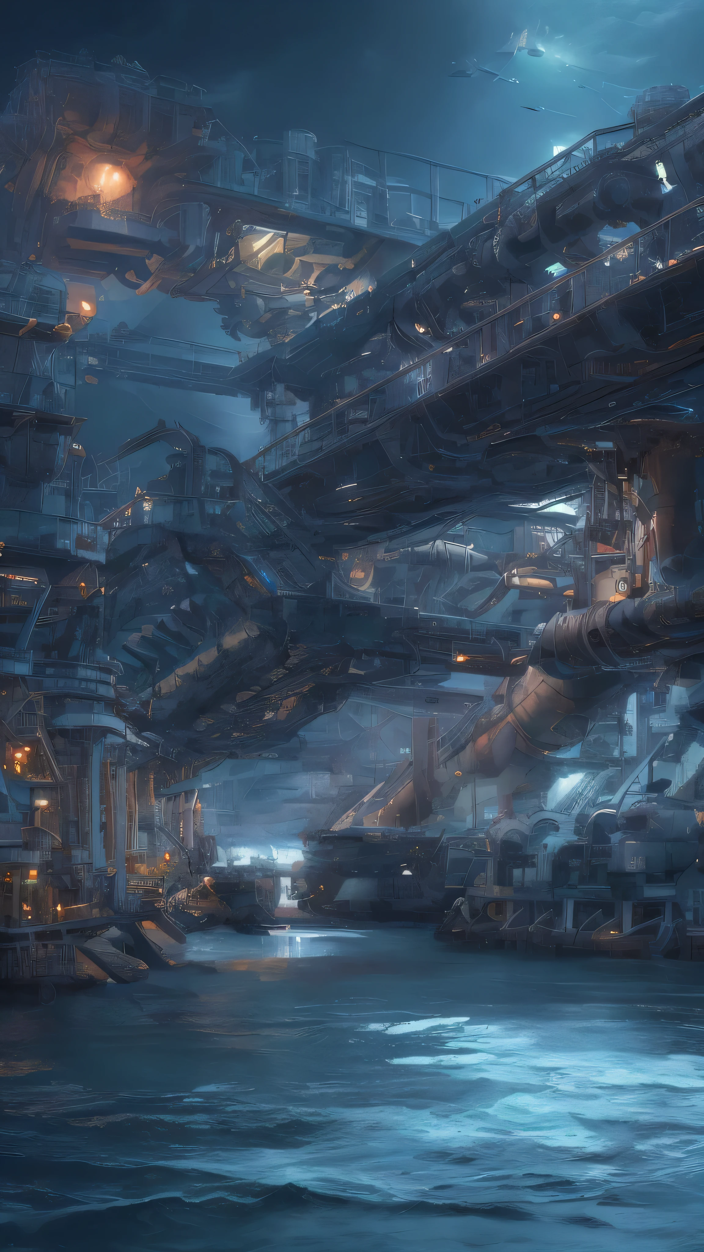 masterpiece, Highest quality, High resolution, Background only、Factory night view from the sea、Pipes cross、Pale white light swarms、Looks like a photo、Futuristic factory、See the full picture、Beautiful lighting、No portrait、8kwallpaper、Very detailed