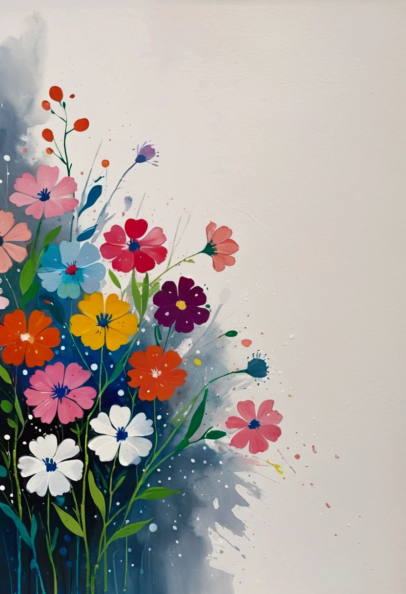 Fluid smudge painting，Dot，Colorful flowers，Minimalism，Inspired by the coronavirus。(((Negative Space,Large area of blank, Bottom left corner composition)))