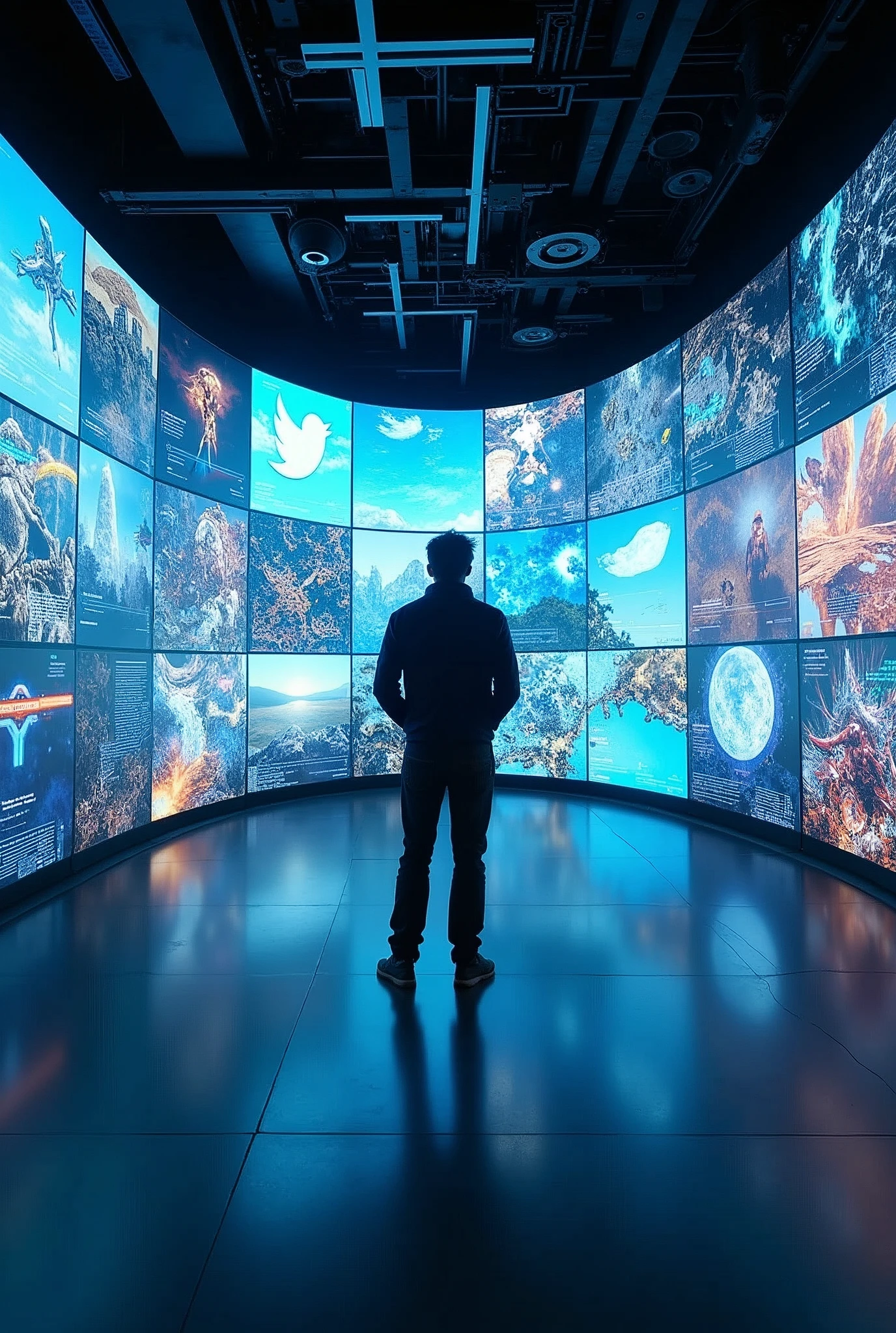 a person standing in front of a vast array of high-resolution screens, each showcasing diverse digital content from video game visuals to social media feeds, the room is sleek and futuristic, brimming with advanced technology, conveying a sense of awe and immersion in digital culture, the atmosphere is dynamic and vibrant, with a buzzing energy that reflects the intensity of modern media, lighting is bright and multi-directional, highlighting the screens and casting subtle reflections on the person’s face,