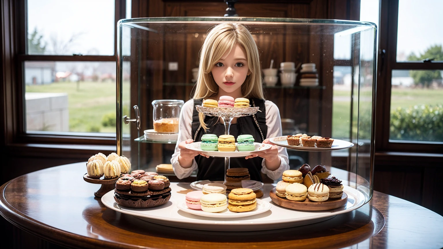 masterpiece, Very detailed, (Little:1.3), , (One girl), Blonde, pastel colour, Cozy atmosphere, Dessert display case, Macaroons, cupcake, tart, cake, coffee maker, Blackboard Menu, Natural light, Glass jar filled with candy, Frosted window glass, Decorative Plate, Whimsical decor, Sugar Sculpture,   