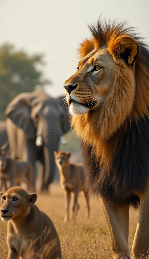 The lion looks at the animals gathered in front of him. Elephants, deer, monkeys, and other animals are present there