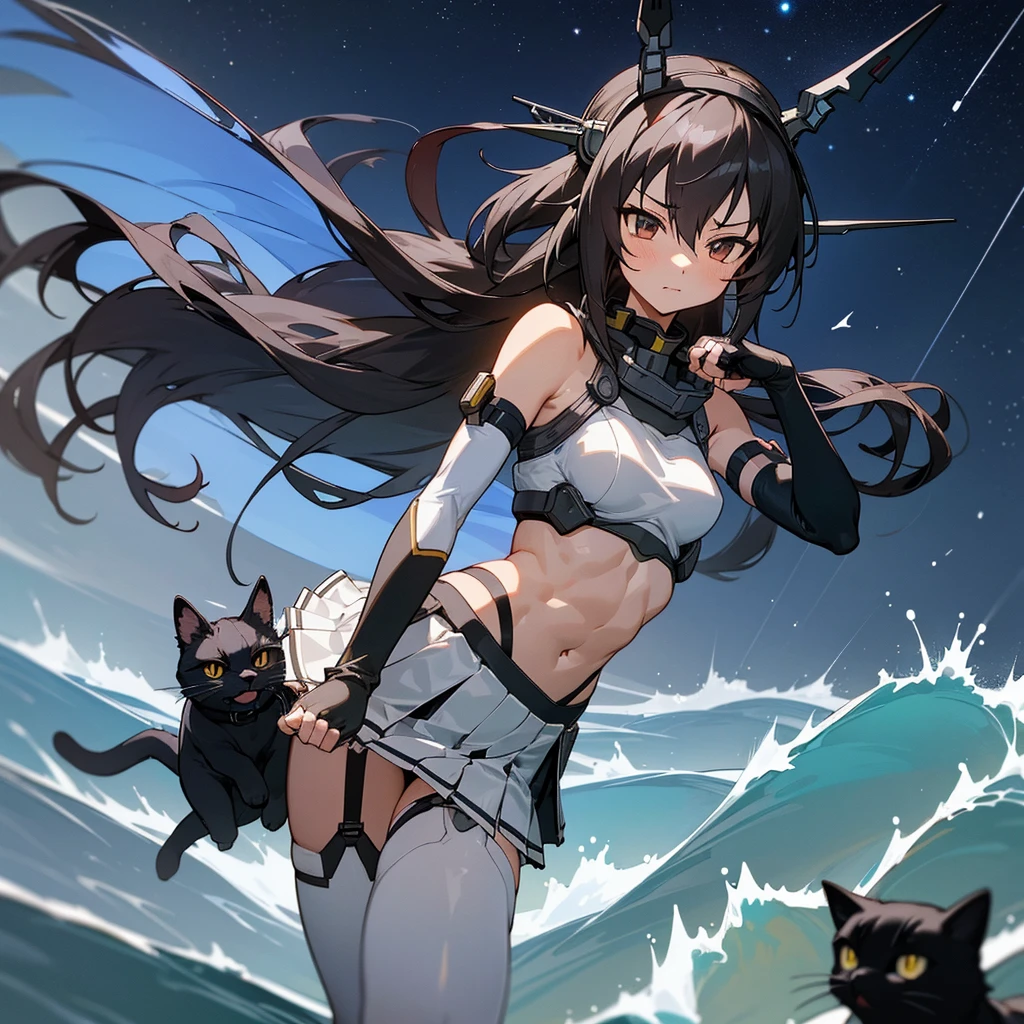 hyper detailed, perfect anatomy, best quality, extremely delicate, extremely detailed, cool,1 girl, Nagato(kancolle), long hair, headgear, dark hair, hairband, collar, bare shoulders, crop top, elbow gloves, fingerless gloves, black gloves, midriff, pleated skirt, white skirt, garter straps, thighhighs, muscle, muscular abs, six pads, with a black cat, night sky, stars, milkyway, sea, wave,