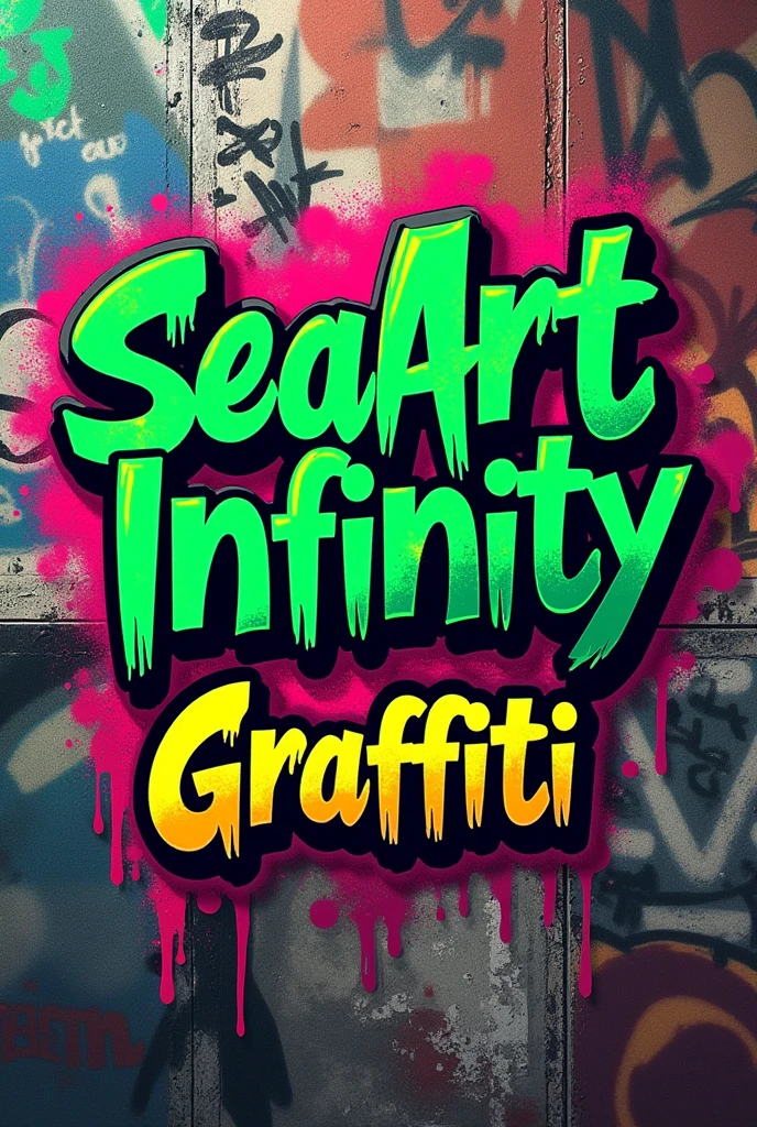 Create an edgy poster featuring "SeaArt Infinity" in bold, spray-painted letters at the top. The background should resemble an urban wall covered in vibrant graffiti, with layers of tags, murals, and street art textures. Below the title, place the word "Graffiti" in a graffiti-style font that looks like it was spray-painted on. Use bright, contrasting colors like neon greens, pinks, and blues to give the design an energetic, rebellious feel.