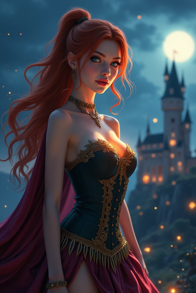 masterpiece, highest quality, solo focus, (perfect face: 1.1), (high detail: 1.1), dramatic and dynamic pose, 1 girl, breasts, blond hair, blue eyes, solo, cleavage, long hair, curves, big breasts, see -through, blood red dress, thighs, navel covered, bare shoulders, wide hips, thick thighs, lips, covered, bathrobe, stairs, castle, night, moon,  detailed background, art by artgerm and greg rutkowski, cinematic lighting, vampire, catlevania, red hair, close shot, light ray, close up, (detailed face), seductive smile