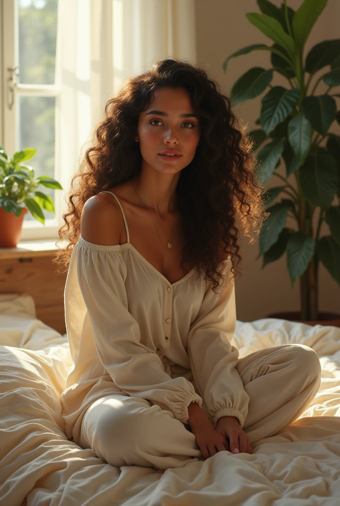 (photorealism:1.2), beautiful woman, sitting on bed, wearing loose off-shoulder top, pajama pants, long curly hair, indoors, soft lighting, plants in background, window with sunlight, cozy room, relaxed pose, realistic, intricate details, warm colors, by Greg Rutkowski, by Alphonse Mucha
