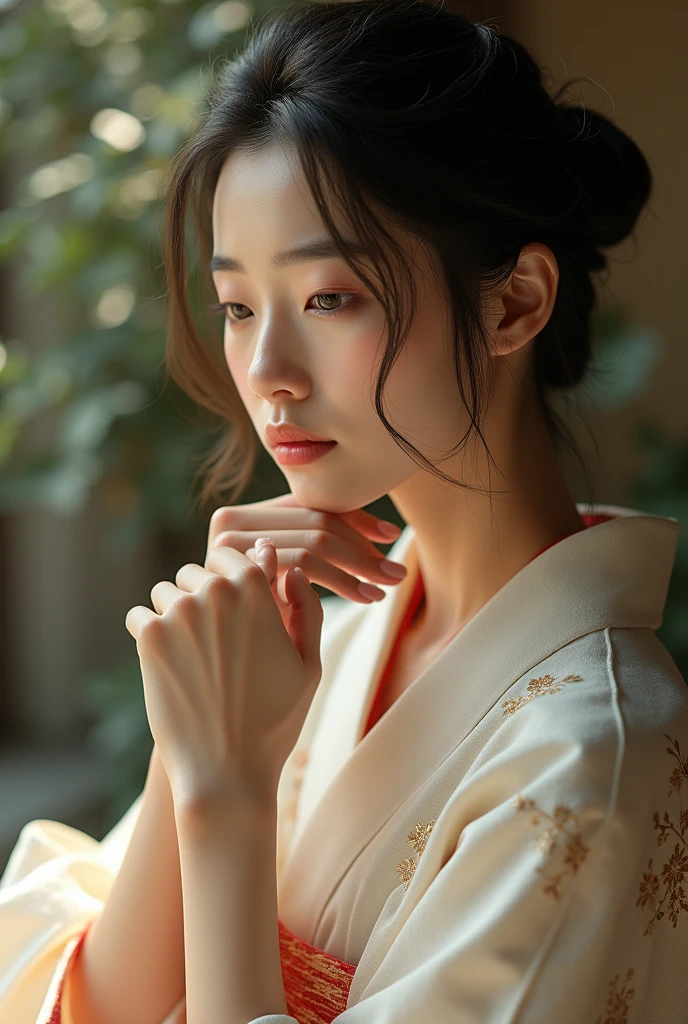 An elegantly dressed Japanese woman in natural light、A close-up of her chest and calm expression.、It shows her inner peace and outer charm.。