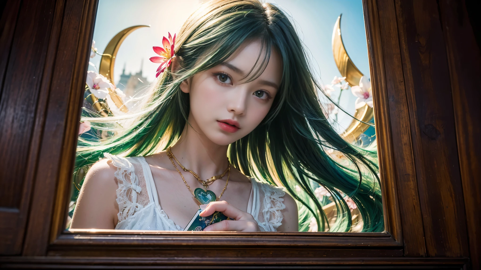 (masterpiece, Highest quality, Highest quality, Official Art, beautifully、aesthetic:1.2), (One girl:1.3), (Fractal Art:1.3), card, Tarot, Green Hair, Twin Blade, Hair Flower, (Good lighting:1.1), ((High resolution)), Tarot card style