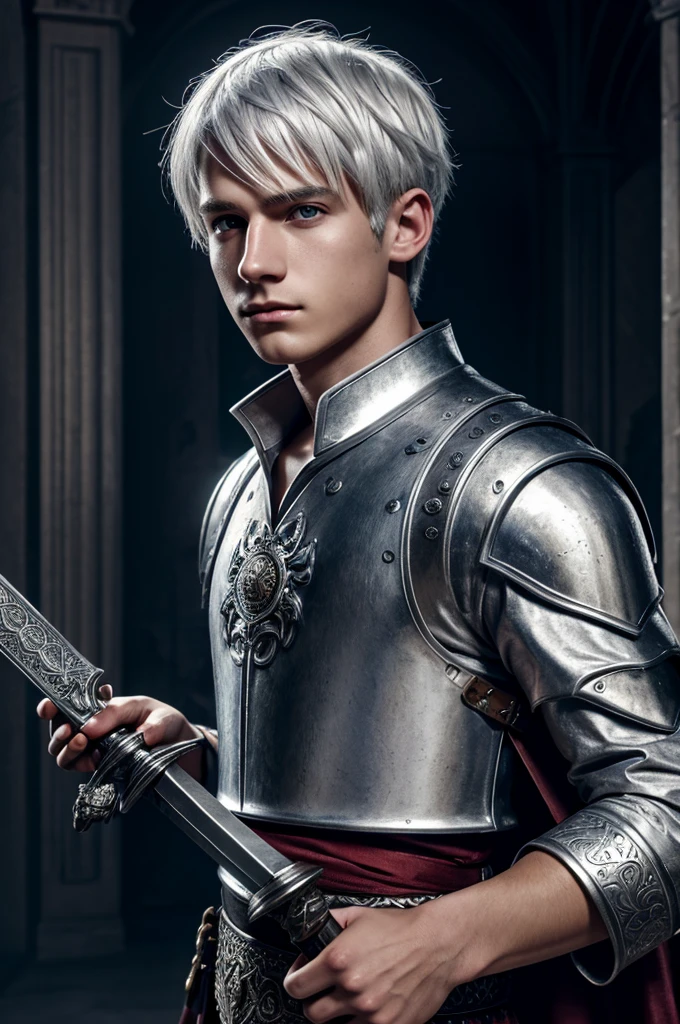 Middle Ages youth man, light gray eyes, white hair,short hair, white skin, detailed facial features, rich clothing, ornate sword, incredible detail, volumetric lighting, dramatic composition, cinematic lighting, rich colors