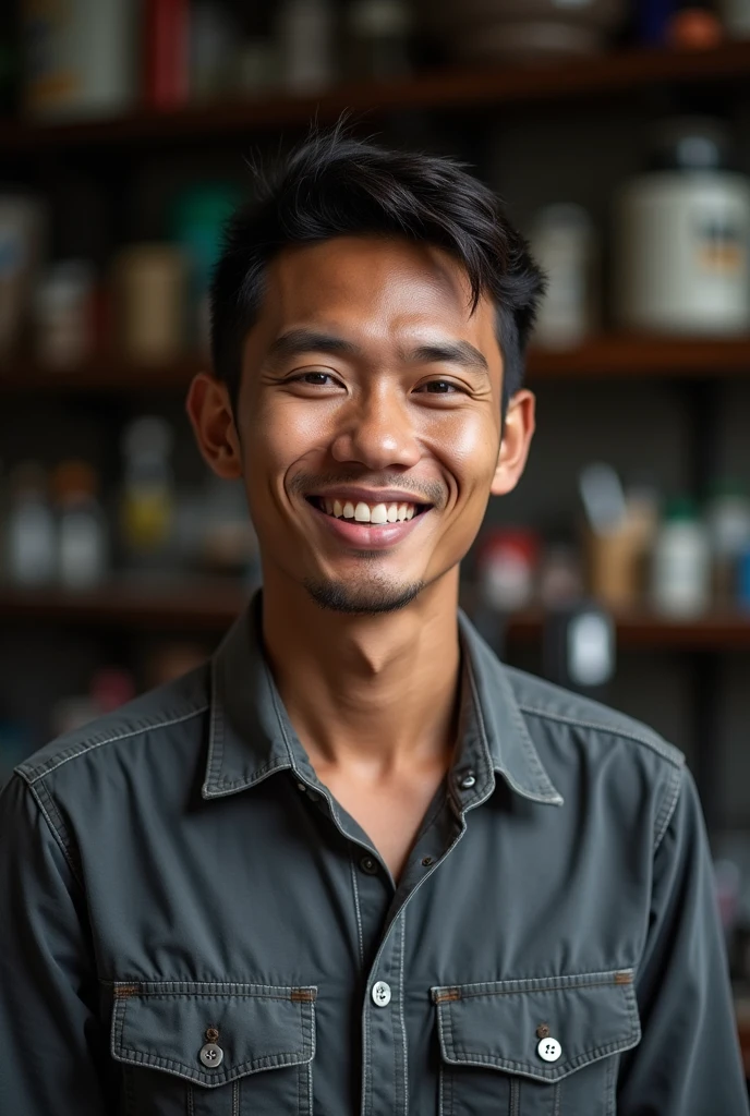 30 year old Indonesian man, at the motorcycle workshop, short hair, dimples, sleepy eyes, big yogurt, big nose