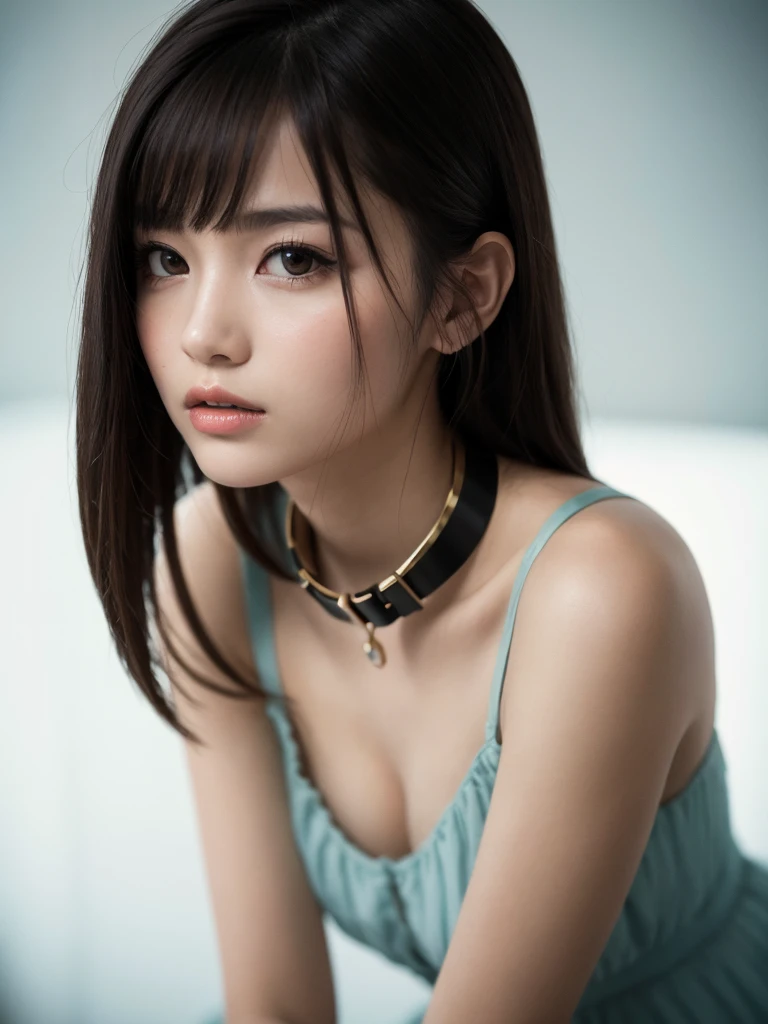 Browsing Caution, masterpiece, Highest quality, 8k, 1 girl, 20 I, Please open your mouth a little, Ambiguous language, close, close up of face, alone, cute, Girlish, Delicate girl, Pure beauty, RAW Photos, Professional photography, Portraiture, Soft Light, Professional Lighting, Backlight, I look forward to meeting you, Sophisticated, Film Grain, (Eye and facial details:1.0), Big breasts and long hair floating, dress, bondage, collar,beautiful, Flowing Hair, Hunchback、bangs, whole body