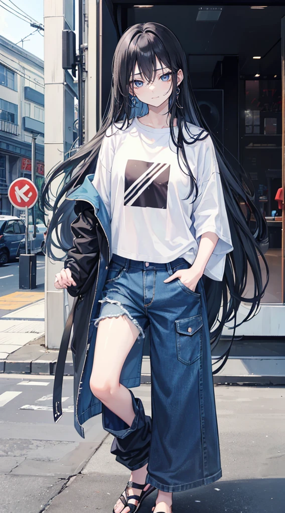 long hair,black hair,Kuroko under the right eye,languid look,smirk,Blue Eyes,woman,denim clothing,mole under eye,tareme,tall,sleepy,oversized clothes,baggy pants