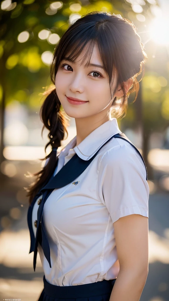 (highest quality,masterpiece:1.3,ultra high resolution),(Super detailed,caustics,8k),(photorealistic:1.4,RAW shooting),1 girl,(smile and look down at the camera),(front shot:1.1),(face forward),18-year-old,cute,Japanese,black short ponytail,school uniform,glamorous,(big boobs),( close up),(breast focus),street,sunshine,Natural light,(Backlight),(A bright light shines from behind),(Lens flare),professional writing,(cowboy shot),(low position:1.3),(Low - Angle:1.3)