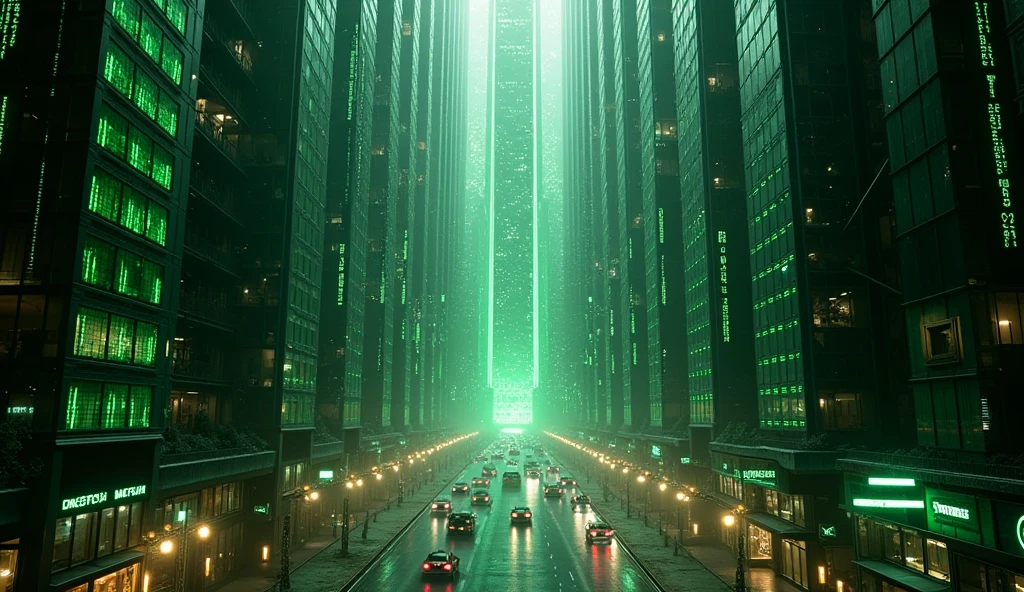Highest quality, Realistic, High resolution, Ultra-detailed, Matrix Movie Architecture, Futuristic cityscape, Cyberpunk Style, Holographic Advertising, Neon Light, Towering Skyscrapers, A waterfall of digital rain, Glass and steel structure, bustling street, Flying vehicles, Virtual Reality Simulation, Elegant and minimalist design, Black and green color scheme, Buildings controlled by artificial intelligence, Surveillance camera, Underground tunnels, Dark Alley, Robot Agent, Drone, Matrix Code Transmission Bill, Post-apocalyptic atmosphere, Rebel Hideout, Hidden entrance, Twisted reality, glitch effect, reflection on glass surface, 神秘的で非Realisticな雰囲気, Somber Beauty, Dark and menacing tone, Submerged 3D environment, Infinity Skyline, Advanced Technology, Dystopian society.