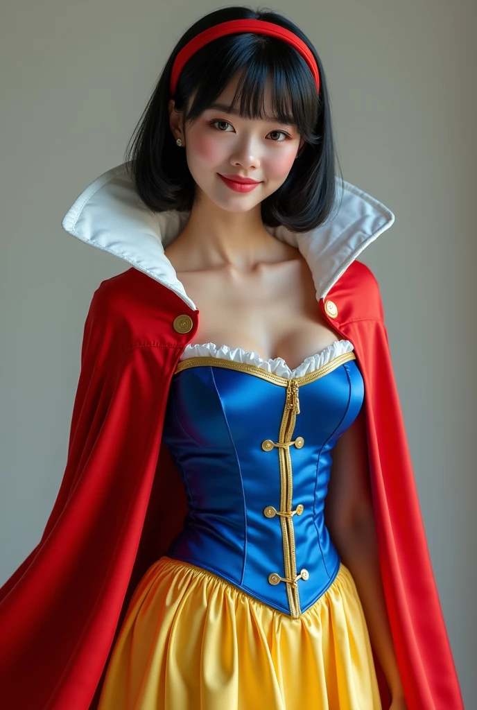 , Beautiful 18 year old female , wearing snow white cosplay, blue silk corset, red silk cape, yellow silk pleated skater skirt, silk leggings, black bob hair, red hairband, masterpiece, photorealistic, amazingly detailed face, maximum resolution, happy, dynamic pose, , realistic, photograph, cleavage, satin, shiny clothing, sexy pose,