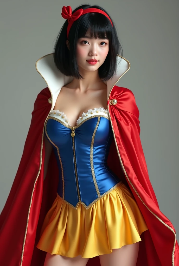 Beautiful Chinese mature 40 year old woman, wearing snow white cosplay, blue silk corset, red silk cape, yellow silk pleated skater skirt, silk leggings, short black bob hair, red hairband, masterpiece, photorealistic, amazing detailed face, thick thighs, wide hips, hourglass figure, innocent, naïve, cute, big breasts, dynamic pose, blushing, milf
