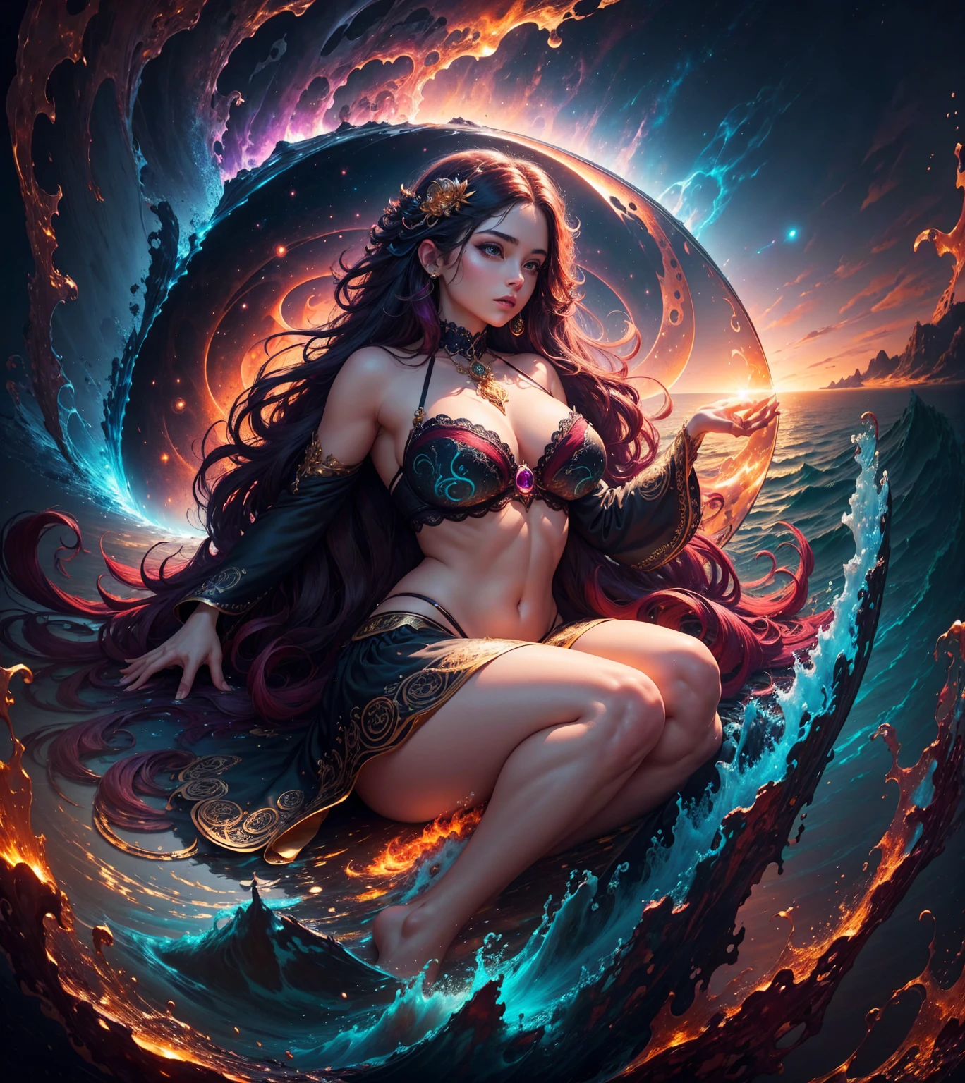 Behold a majestic woman sitting on a sea rock amidst a vibrant space nebula and glowing clouds, its beautifully designed shape with mesmerizing water paint effects. The composition is enriched by the cosmic background, where celestial elements blend with captivating reminiscent textures. The painting displays a loose and expressive technique, capturing intricate details that immerse you in the scene. Cinematic lighting enhances the atmosphere, casting spectacular shadows and lights. A arte é renderizada em impressionante resolução de 8k usando Octane Render.8k, beautiful woman with long hair, hair floating in the air, crimson magenta vata, Metallic colors, splash effect, thick paint with spatula, beautiful lady with a full body, sunset with red clouds. sea waves, big waves with foam and bubbles, golden mandala figure on black background, transparent vata melted in water, Mandala tattoo, breasts big, OIL PAINT BRA, OIL PAINT PANTIES, OIL PAINTED BUST, OIL PAINT PANTIES, SEMINUA