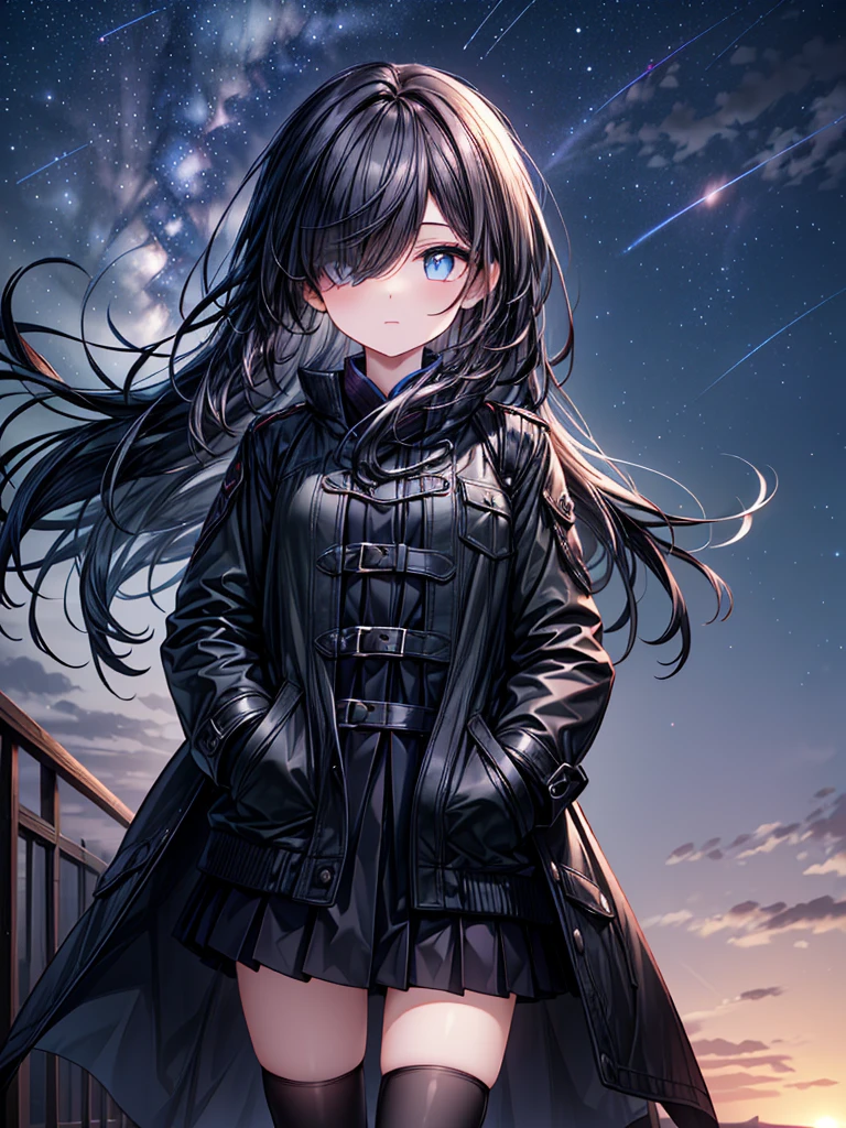 ((Oriental Project)),((masterpiece)),((Highest quality)),((Fascinating)),((alone)),((Deep blue pupils)),((Beautiful Blue Eyes)),((Wearing a black coat)),((Wearing a black mini skirt,She is wearing black tights under her skirt)),((Slim legs)),((length, Shiny black hair)),((Her left eye is completely hidden by her bangs)),((Her hair is parted, and you can see her eyes through it)),((Wearing black gloves)),((hair over one eye,long hair)),,((Complex background)),((Starry night view)),(Standing on a hill)),((Put your arms in your pockets)),((Looking up at the night sky)),((Complex perspective))
