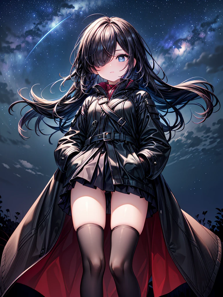 ((Oriental Project)),((masterpiece)),((Highest quality)),((Fascinating)),((alone)),((Deep blue pupils)),((Beautiful Blue Eyes)),((Wearing a black coat)),((Wearing a black mini skirt,She is wearing black tights under her skirt)),((Slim legs)),((length, Shiny black hair)),((Her left eye is completely hidden by her bangs)),((Her hair is parted, and you can see her eyes through it)),((Wearing black gloves)),((hair over one eye,long hair)),,((Complex background)),((Starry night view)),(Standing on a hill)),((Put your arms in your pockets)),((Looking up at the night sky)),((Complex perspective))