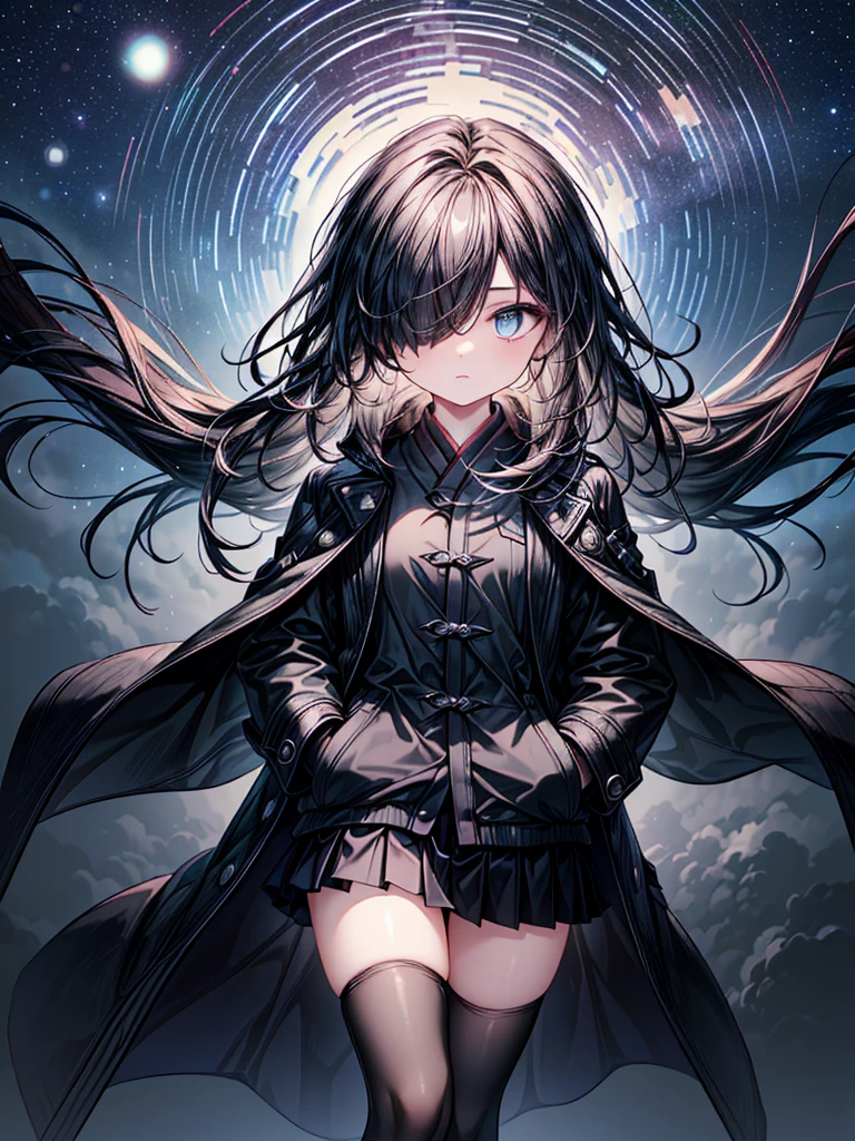 ((Oriental Project)),((masterpiece)),((Highest quality)),((Fascinating)),((alone)),((Deep blue pupils)),((Beautiful Blue Eyes)),((Wearing a black coat)),((panties aside)),((Wearing a black mini skirt,She is wearing black tights under her skirt)),((Slim legs)),((length, Shiny black hair)),((Her left eye is completely hidden by her bangs)),((Her hair is parted, and you can see her eyes through it)),((Wearing black gloves)),((hair over one eye,long hair)),,((Complex background)),((Starry night view)),(((Standing on a hill))),((Put your arms in your pockets)),((Looking up at the night sky)),
