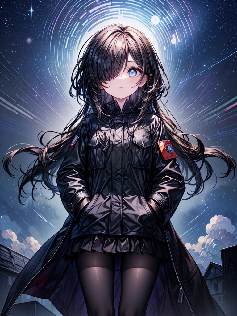 ((Oriental Project)),((masterpiece)),((Highest quality)),((Fascinating)),((alone)),((Deep blue pupils)),((Beautiful Blue Eyes)),((Wearing a black coat)),((Wearing a black mini skirt,She is wearing black tights under her skirt)),((Slim legs)),((length, Shiny black hair)),((Her left eye is completely hidden by her bangs)),((Her hair is parted, and you can see her eyes through it)),((Wearing black gloves)),((hair over one eye,long hair)),,((Complex background)),((Starry night view)),(Standing on a hill)),((Put your arms in your pockets)),((Looking up at the night sky)),((Complex perspective))