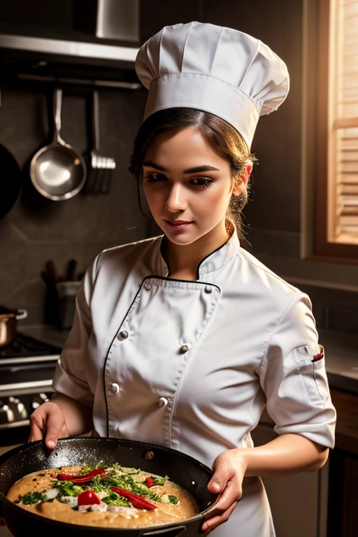 a chef cooking delicious food in a cozy kitchen, exquisitely detailed, photorealistic, 8k, masterpiece, highly detailed face, beautiful detailed eyes, beautiful detailed lips, extremely detailed face and eyes, long eyelashes, chef's uniform, professional cooking equipment, warm lighting, steam rising from the pan, rich colors, cinematic composition
