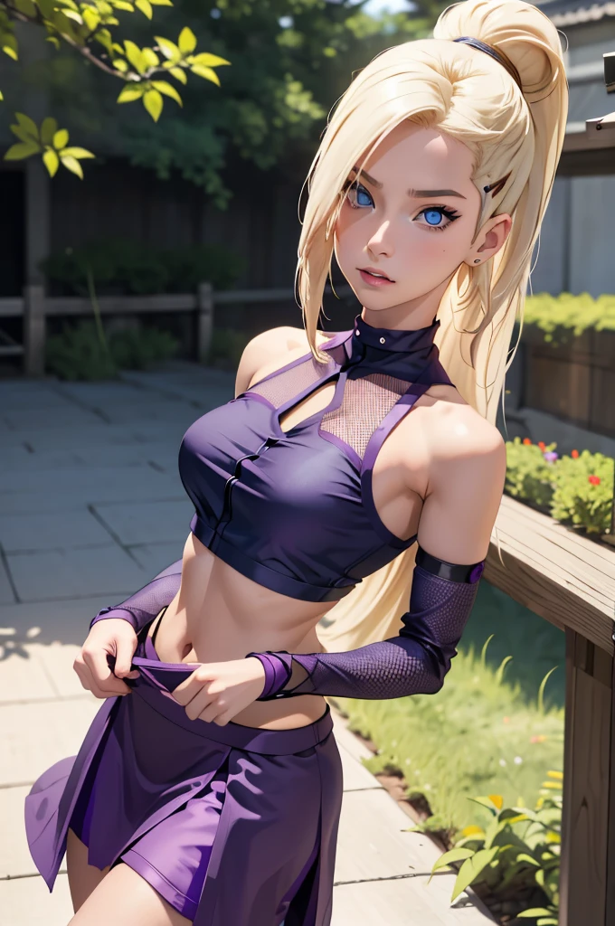 (masterpiece), best quality, expressive eyes, perfect face, 1 girl, solo, yamanaka ino, blonde hair, blue eyes, purple crop top, separate sleeves, purple skirt, mesh sleeves, , meshes, outdoors, natural lighting, portrait, looking at viewer, trying to seduce viewer