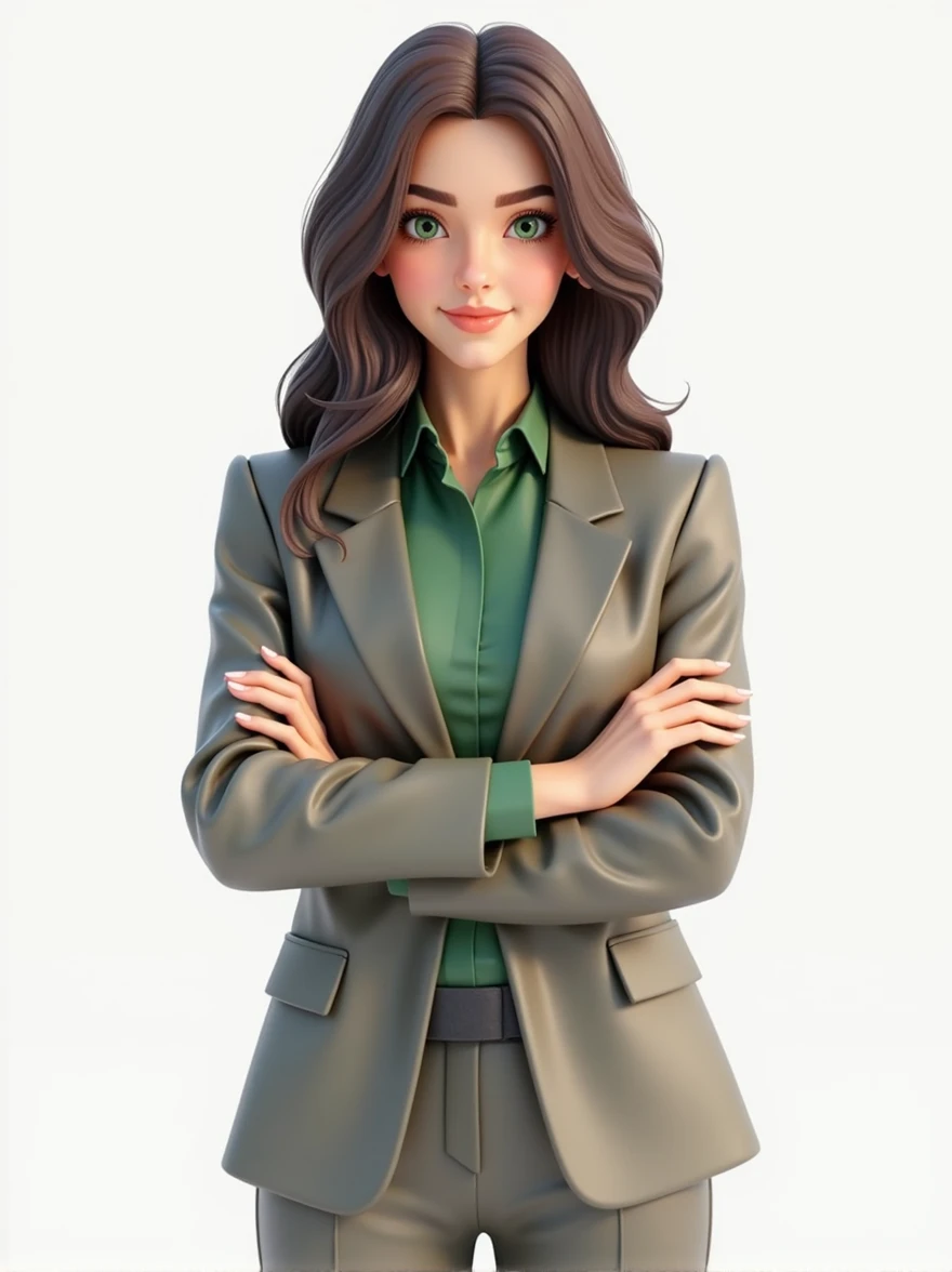 a 3d render a young business woman in a suit and green blouse underneath her crossed arms, brown hair and green eyes, white background