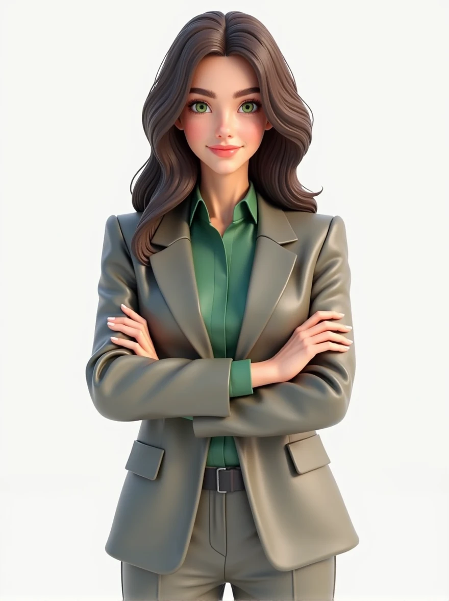 a 3d render a young business woman in a suit and green blouse underneath her crossed arms, brown hair and green eyes, white background