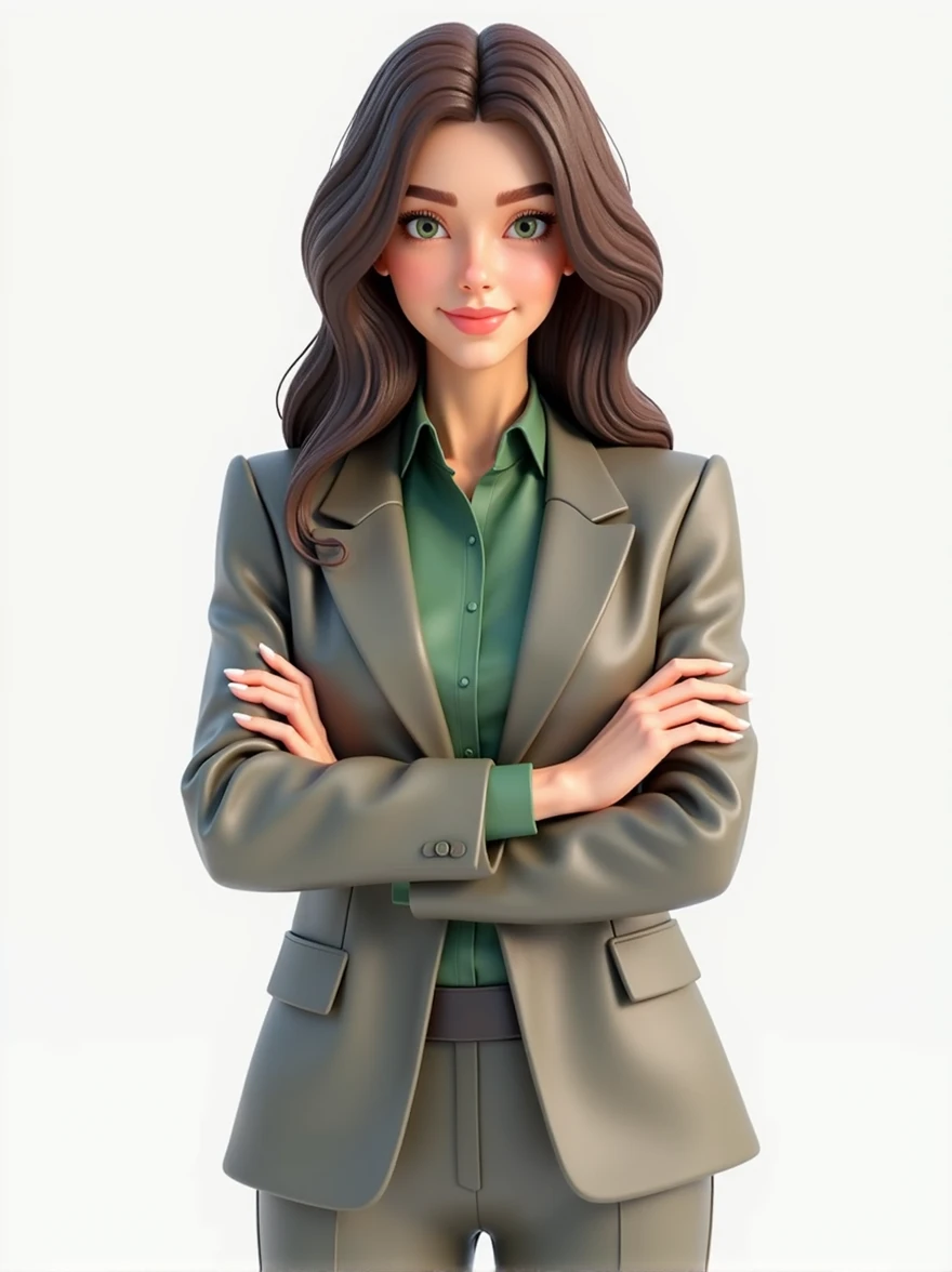 a 3d render a young business woman in a suit and green blouse underneath her crossed arms, brown hair and green eyes, white background