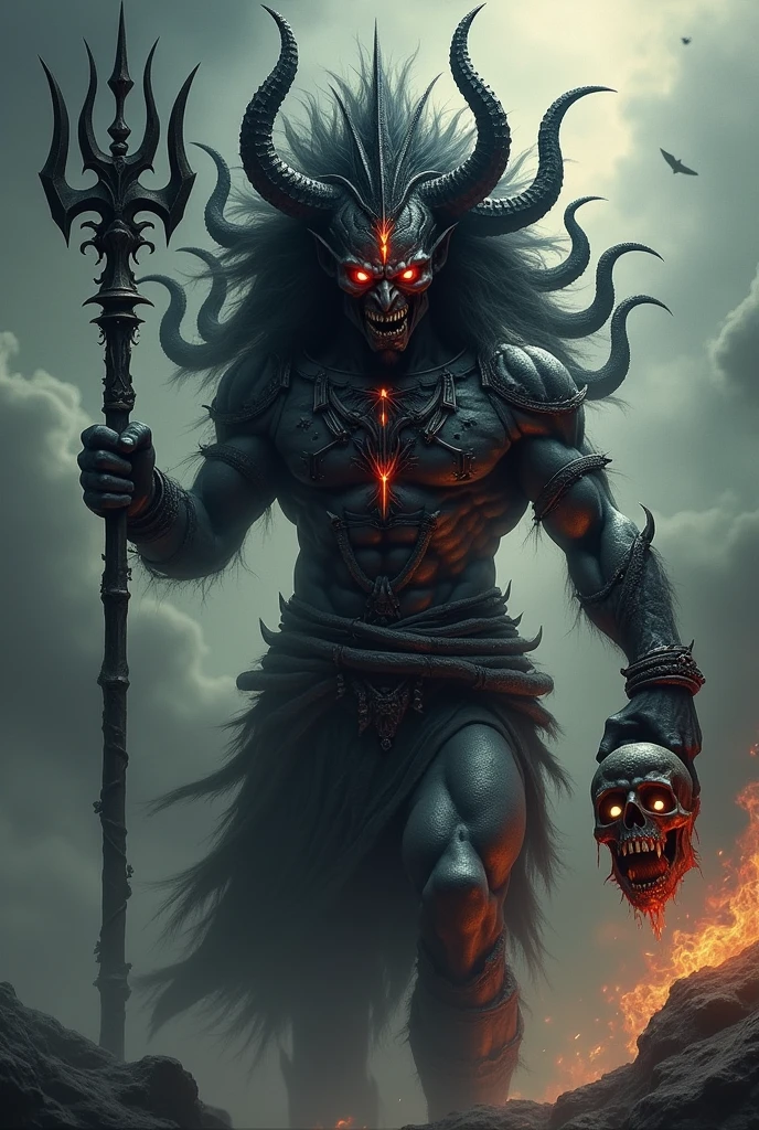 Design Kaal Bhairav, an Indian deity known for his fierce and wrathful aspect, in a powerful, menacing form. Visualize him with a striking and intimidating presence: his dark, ash-covered skin exudes a sense of ominous power. He has multiple eyes, each glowing with an intense, fiery red or gold, showcasing his all-seeing nature. His hair is wild and unkempt, flowing around him like a dark, chaotic storm.
Adorn him with an array of fearsome ornaments—skulls, serpents, and flames—that accentuate his intimidating aura. His fierce expression should capture unrestrained rage, with sharp, fanged teeth and a piercing gaze. In one hand, he wields a large, menacing trident or staff, while the other holds a severed head or a symbolic weapon of divine justice. The background should be filled with dark, swirling clouds or tumultuous energy, emphasizing his role as a god of destruction and transformation.