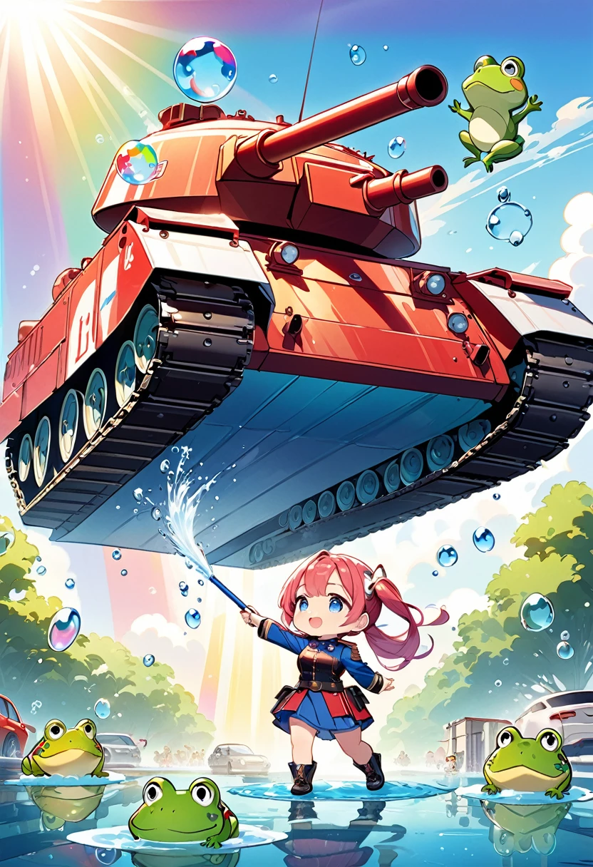 Highest quality、High resolution、Detailed Background、Beautiful face in every detail、Anatomically correct、Detailed facial expressions、fine grain、((full body, from below:1.2, side shot, looking away:1.2)), break ((One Girl:1.2)、((Chibi Girl:1.2)))、Bright pretty hair color、Big beautiful blue eyes、Fuller lips、Pink Lips、Braided twintails、Ahoge、(Tank commander、Wash the tank)、(Cute military uniform、cute leather shoes)、break (Overreaching:1.2)、((The background is an armored tank、Base Garden、A lot of detergent foam、Intense sunlight、rainbow))、(The frog is jumping:1.2)、