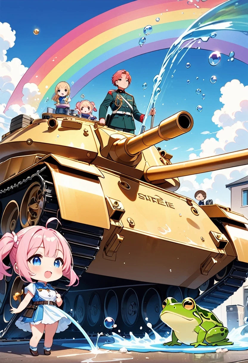 Highest quality、High resolution、Detailed Background、Beautiful face in every detail、Anatomically correct、Detailed facial expressions、fine grain、Movie Posters, Armored Tank, A peaceful scene of car washing、((full body, from below:1.2, side shot, looking away:1.2)), break　((One Girl:1.2)、((Chibi Girl:1.2)))、Bright pretty hair color、Big beautiful blue eyes、Fuller lips、Pink Lips、Braided twintails、Ahoge、(Pour water on the tank:1.2、a rainbow appears:1.2)、(Cute military uniform、cute leather shoes)、break　((Wash the tank next to the tank:1.2)、In one hand a hose and a rag)、((Background is the base yard、Soap bubbles fly、Intense sunlight))、(The frog is jumping:1.2)、