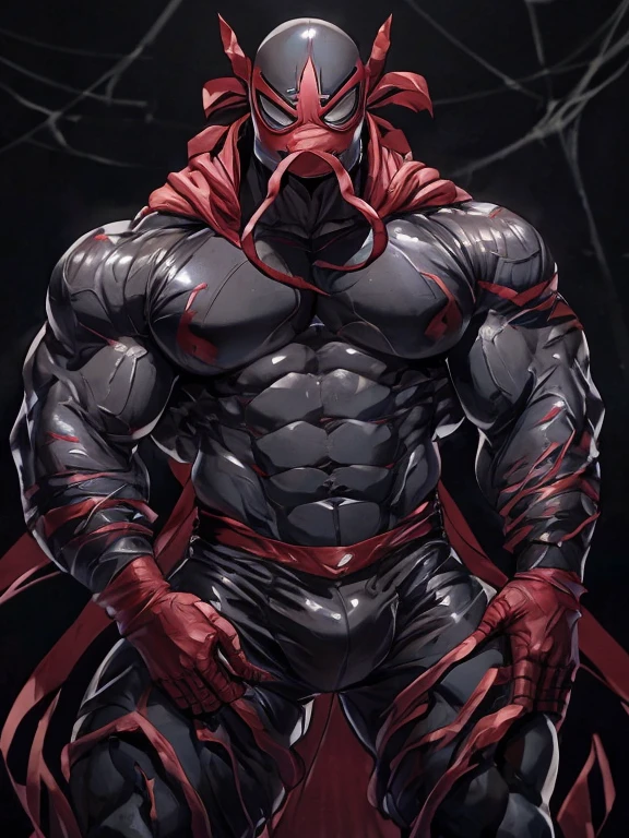 anime characters:priapus, He was kissed by black venom, He is wrapped in black s, bundle, Wrapped in mucus, Affectionate embraces, Crazy ki, Touching wantonly, Muscular Spider-Man, male focus, Upper body, Buzz Cut, aged leather texture, He wears a White tights, small grid texture, spiderman mask, Spider-Man logo, muscular male, Extra large breasts, only, Black background, simple background, amazing quality, best aesthetics, Ridiculous, crew cut, drop shadow, best quality
